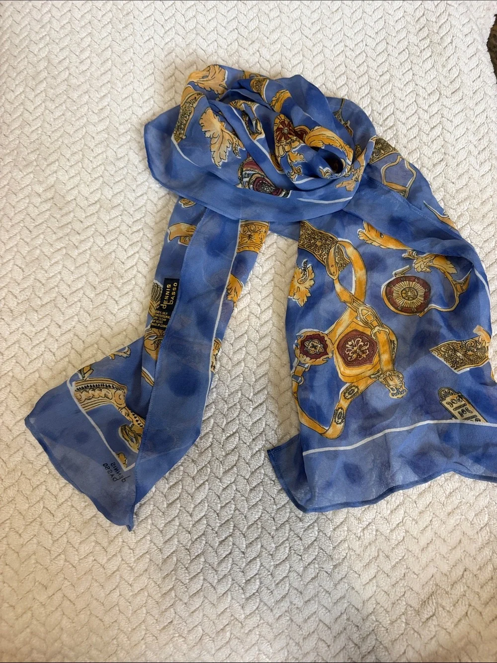 Dennis Basso Blue & Gold Print Silk Scarf